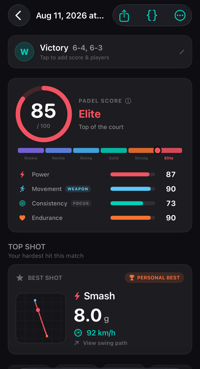 A match detail screen showing the result, the set scores and the hardest shot of the match.